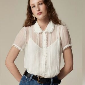 J. CREW Vintage Inspired Button Up Lace Trim Sheer Blouse In Ivory NWT 4